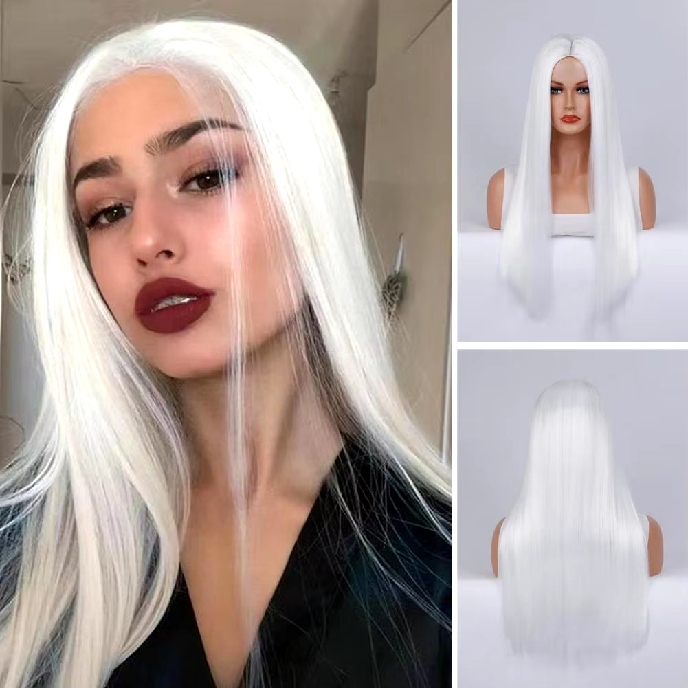 Women Long Straight Synthetic Hair Middle Part Natural Silky Long Straight Wig High Temperature Fiber Cosplay Colorful Wig