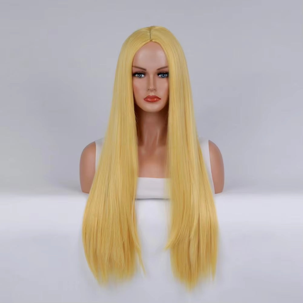 Women Long Straight Synthetic Hair Middle Part Natural Silky Long Straight Wig High Temperature Fiber Cosplay Colorful Wig