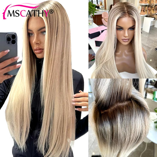 250% Glueless Ash Blonde Colored Ombre Human Hair Wigs for Women 13X4 Transparent Lace Frontal Wig Straight 13X6 Wigs Preplucked